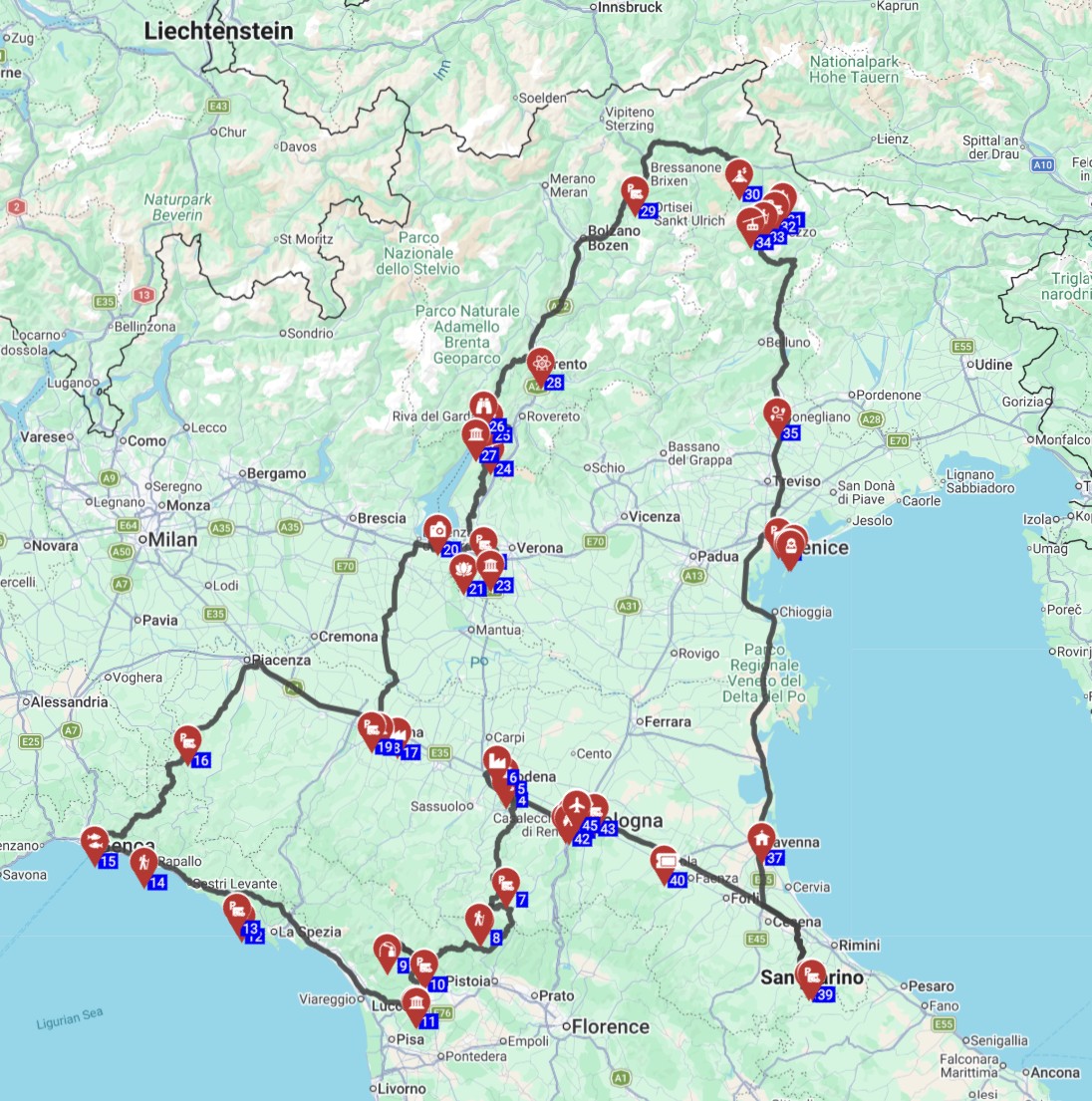 Map for טיול קרוואנים באיטליה 15 ימים תכנון מסלול מבולוניה לדולומיטים והשכרת קמפרוואן